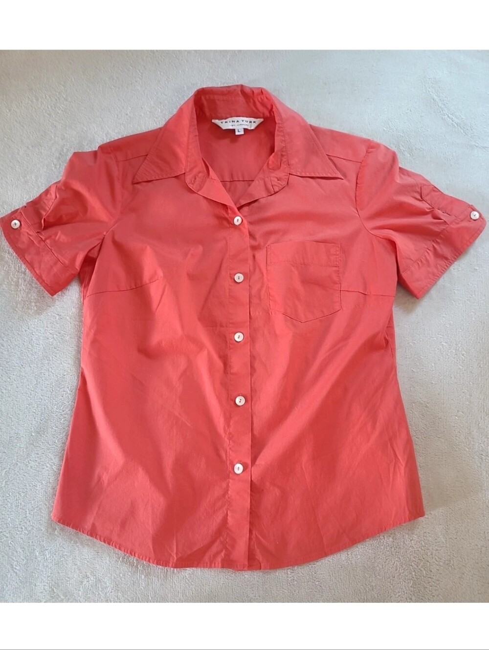 Trina Turk Womens L Coral Button Front Short Sleeve Stretch Blouse USA Classic